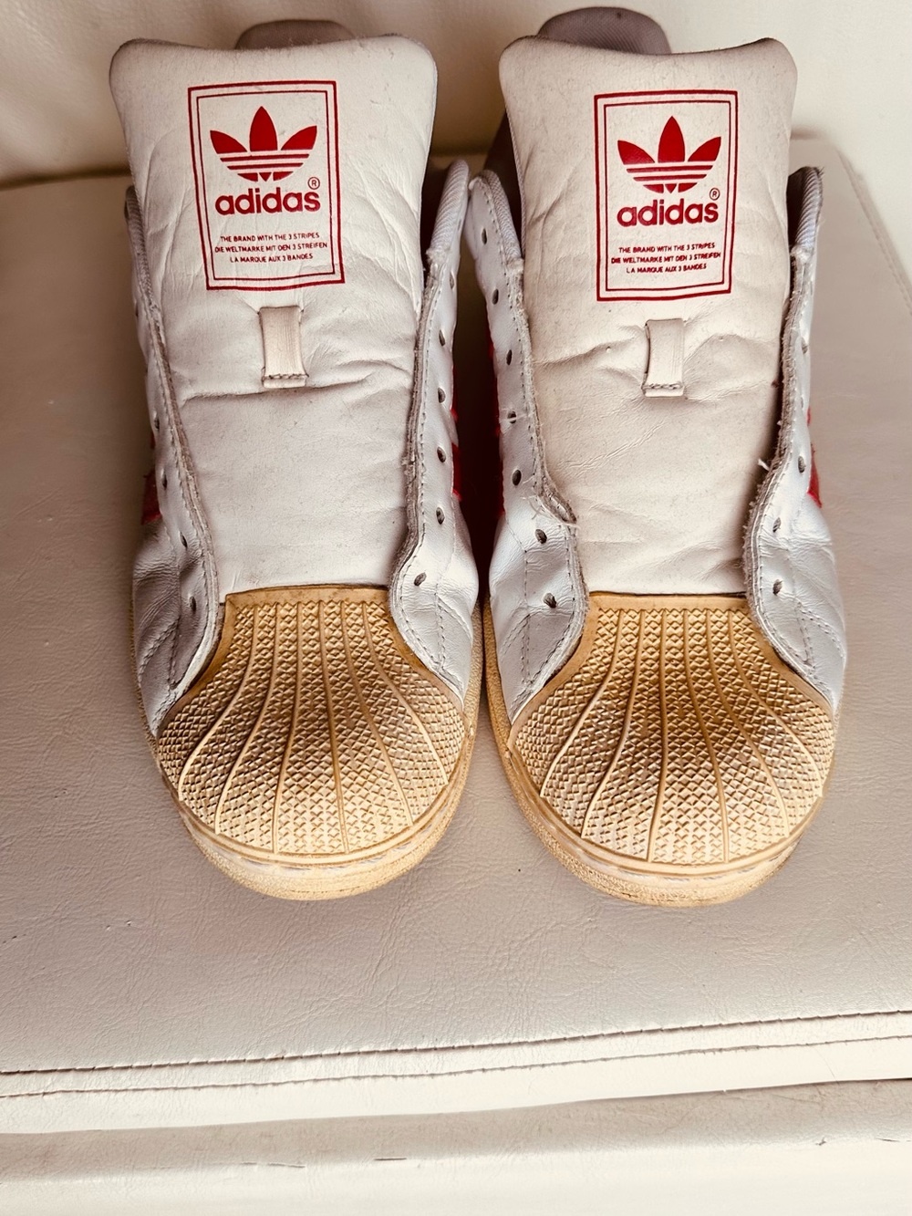 adidas Original White and Red Shell-Toe Sneakers with Red Logo